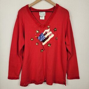 Quacker Factory Patriotic Flag Sequin Sweater Womens L Red USA Beaded Americana